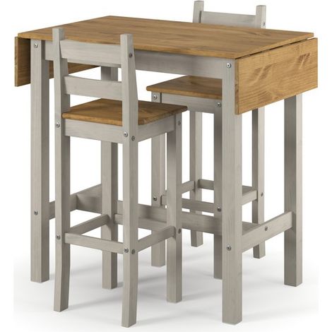 Corona Rectangular High Breakfast Bar Drop Leaf Table and Bar Chair Set - Pine - L60 x W140 x H100 cm - Grey/Antique Waxed Pine - Flat Packed