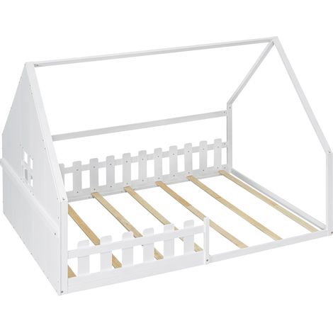 GagaLit plat, 140200 cm, lit enfant, structure maison, garde-corps, bois de pin, blanc (1/5)