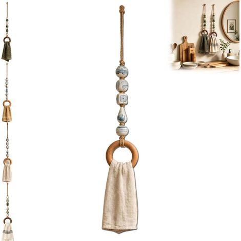 Irovami Porte-serviettes décoratif à perles avec anneau en bois, étagère de salle de bain en macramé D (1/5)