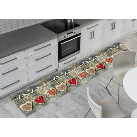 Tappeto Passatoia Cucina Antiscivolo Stampa Digitale Dis Cuori Appeso Rosso, misura50x90coloreRosso (1/4)