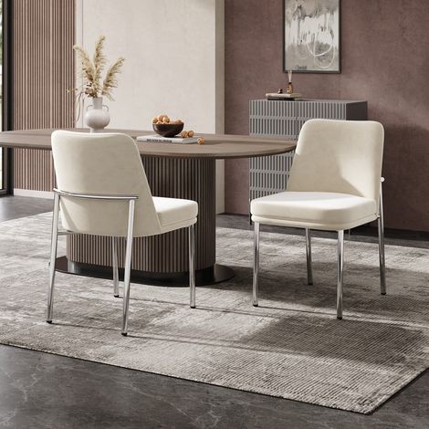 Lot de 2 chaises de salle à manger - Avec coussins d'assise rembourrés - Pieds en métal - Structure argentée - Tissu en velours - Beige (1/5)