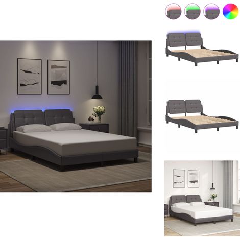 Cadre de lit avec LED sans matelas gris 140x190 cm - Lit Plateforme - Lit Design - Lit Avec Éclairage Led - Cadre Lit Gris - Tête De Lit Rembourrée (1/5)