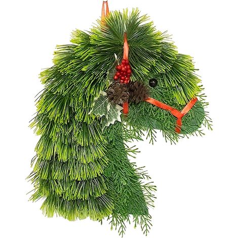 Guirlande Cheval - Guirlande Porte Noël Pins Verts Ruban Rouge Pommes De Pin - Décor Hivernal Ferme - 40 x 30 cm - 1 Pièce