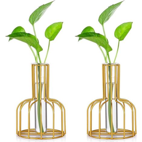 Cadre en métal, vase doré, vase en forme de tube à essai pour plantes hydroponiques, vase à bourgeons pour la décoration de la maison, de la cuisine ou du bureau. (1/5)