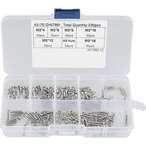 230 pcs M2 304 vis à métaux, Vis cylindriques tête plate boulon en acier inoxydable écrous assortiment kit (1/5)