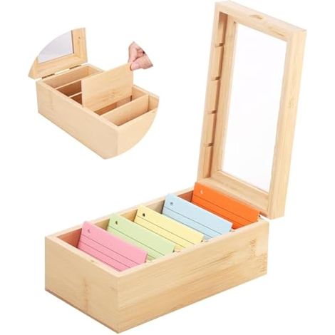 Boîte à Fiches en Bois avec Couvercle Transparent - 5 Compartiments Ajustables - 22x13x9 cm pour Fiches A7 - Maison/Bureau/École (Fiches Non Comprises) (1/5)