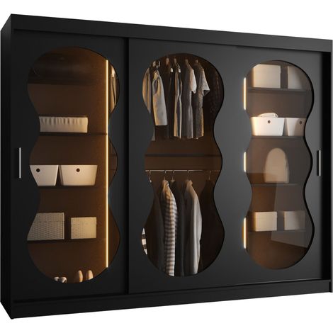 Armario Hartford 534, Negro, 200x250x62cm, Puertas de armario: Correderas, Número de estantes: 5, LED