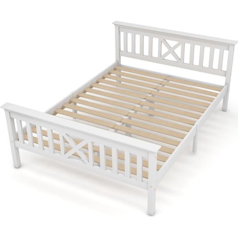 Lit double en bois avec cadre de lit et sommier à lattes, lit en bois avec tête de lit - 140 x 200 cm, bois massif, lit enfant/adolescent, pin massif, blanc (1/5)