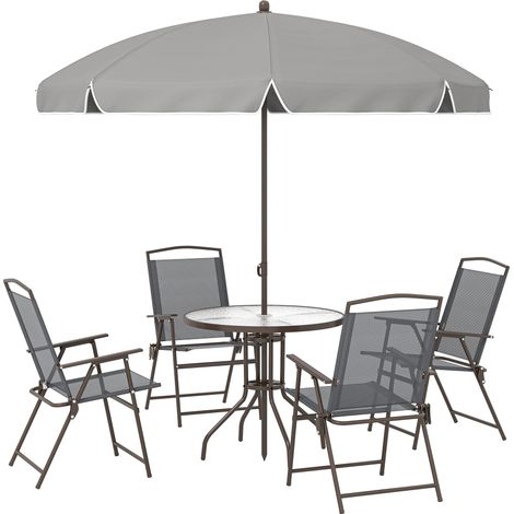 Outsunny 6 Piece Patio Dining Set with Garden Umbrella 4 Folding Chairs Dark Grey