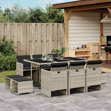 11-tlg. Garten-Essgruppe mit Kissen Hellgrau Poly Rattan (1/5)