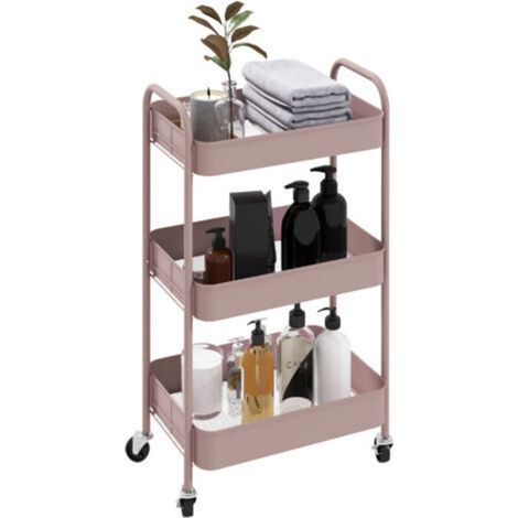 Desserte chariot de rangement en acier chariot de service à roulettes 3 plateaux ajourés 45 x 30.6 x 79 cm rose