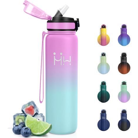 Gourde Inox 1L Sport, Bouteille Isotherme avec Paille, Double Paroi Isolante, Réutilisable, sans BPA et Anti-Fuite, Bouteille D'eau pour Fitness, Camping, Bureau (1/5)
