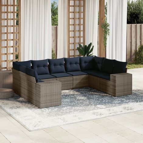 9-teiliges Gartensofa-Set mit Kissen, grau, Polyrattan (1/5)