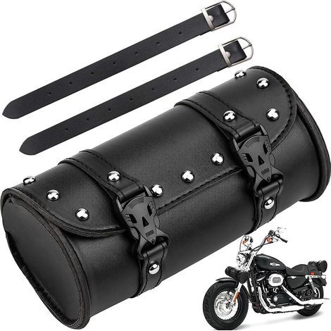Sacoches Cavalières pour Moto, Sacoche de Fourche de Moto, Universelle Étanche Imperméable Ronde Sac à Outils de Moto en Cuir PU avec 2 Sangles de Montage Sacoche de Selle Moto,Noir (1/5)