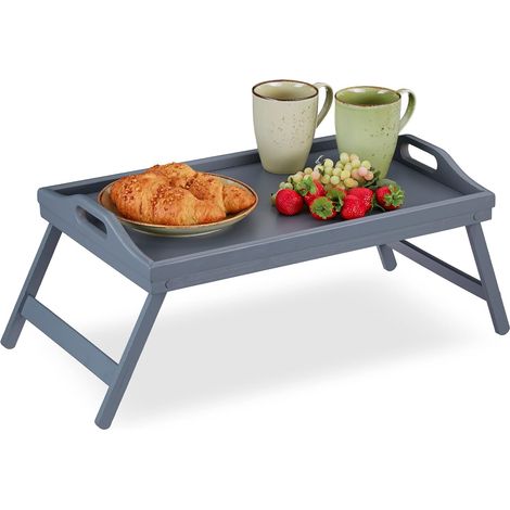 Lot de 2 Plateaux de Lit en Bambou Gris - Pieds Pliants et Rebords de Sécurité - Desserte pour Petit Déjeuner et Collations - Dimensions 60,5 x 30 cm (1/5)