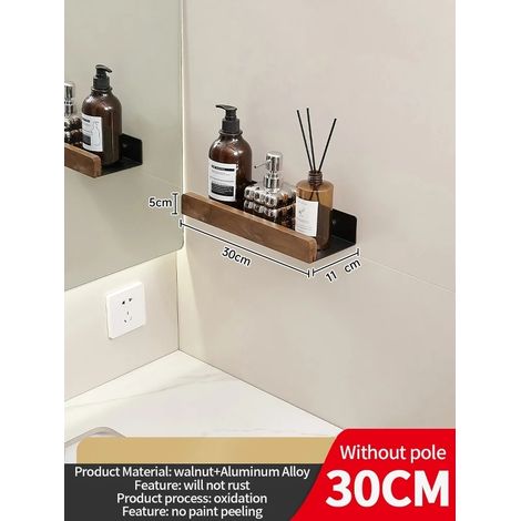 (Noir 30 cm) Étagère d'angle en bois et aluminium pour salle de bain, rangement pour shampoing, étagère murale de douche (1/5)