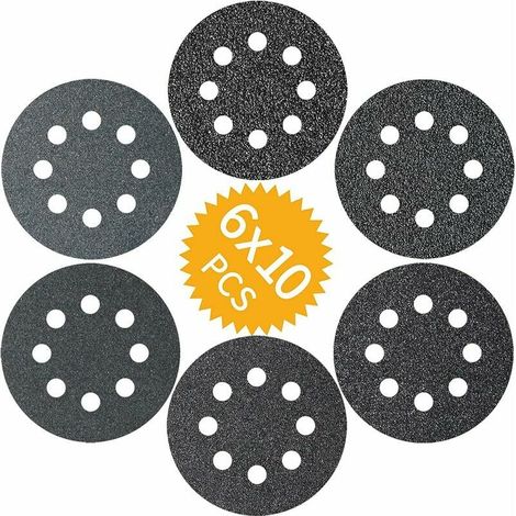 Discos de lijado de carburo de silicio de 125 mm, grano 60, 100, 150, 180, 240 y 320, 8 agujeros, para lijadoras. (1/5)
