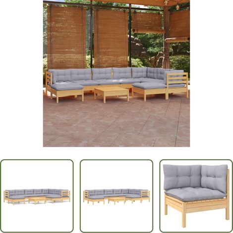 Terrassenmöbel -  10-tlg. Garten-Lounge-Set mit Grauen Kissen Kiefer Massivholz (1/5)