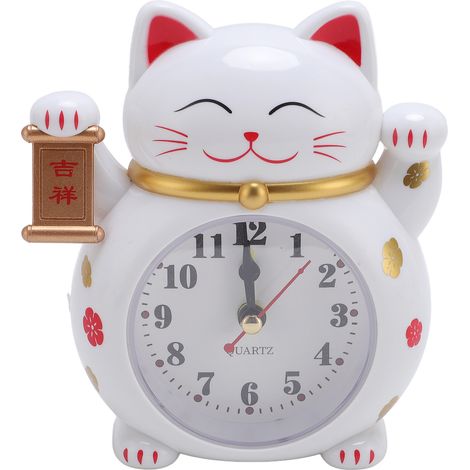 Eosnow Lucky Cat Uhr Präziser Kunststoff Niedlicher Cartoon Guter Alarm für Zuhause Weiß YF2025B