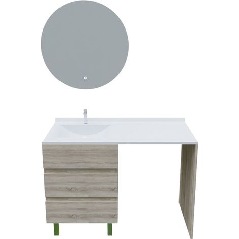 Cuisibane – Meuble avec vasque déportée à gauche pour lave-linge – 3 tiroirs – Largeur 60 cm – Miroir rond LED Fazzio 80 cm – Fabrication européenne (1/5)