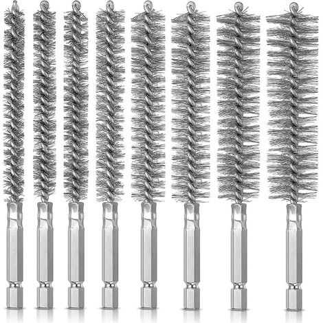 8 Pcs Brosse à Alésage en acier inoxydable, Poils Brosse de nettoyage à fils torsadés en 8 tailles avec poignée tige hexagonale 1/4 pouce pour perceuse électrique Conducteur à percussion (1/5)