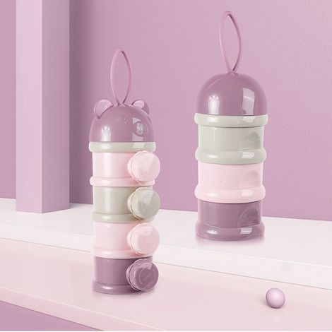 Distributeur de lait en poudre, 4 compartiments, grande capacité, inodore, récipient portable pour aliments et collations pour bébés avec ouverture latérale, violet. (1/5)