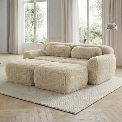 Modulares 2-Sitzer-Sofa in Hellkhaki aus weichem Stoff, mit 2 Hockern, montagefrei (1/5)