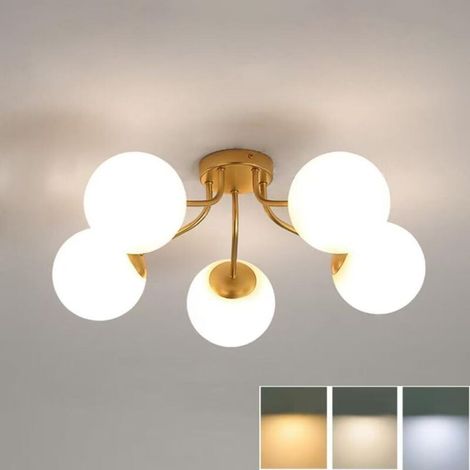 Suspension minimaliste moderne, lumière tricolore (3000-6000K), plafonnier à cinq têtes, abat-jour en verre, convient aux chambres et salles de bains. (1/5)