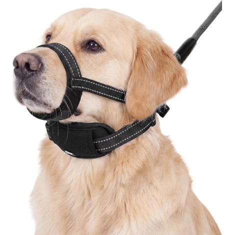 Muselière pour chien 2 en 1 avec anneau de laisse, réglable, pour chiens de moyenne et grande taille, rembourrée, design anti-morsure, empêche de manger, bandes réfléchissantes pour la marche (1/5)