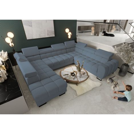 Wohnlandschaft Schlafsofa BASTIEN XL in Stoff Gemma Blau Ottomane Links