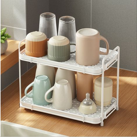 (1 pièce) Support à tasses en métal, support à plateau d'égouttage à double couche, support de rangement pour tasses de thé, café et eau (1/5)
