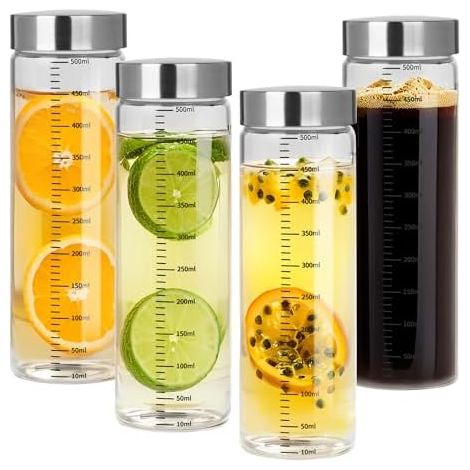 Lot de 4 Bouteilles en Verre de 500 ml avec Couvercle en Acier Inoxydable - Avec Graduation de Mesure, pour Les Jus, Les Smoothies, Le Café, Le Lait, Le thé, Les Laits Végétaux (1/5)