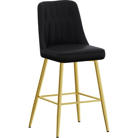 Lot de 2 tabourets de bar 100 cm en cuir régénéré noir avec structure métal dorée, dossier ergonomique et repose-pieds pratique CHICFURN (1/5)
