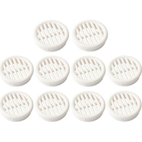 Pair 10x Grille de ventilation aération ronde plastique diamètre encastrement 54.5mm hauteur 11.5mm cache protection plafond mur menuiserie, blanc (1/4)