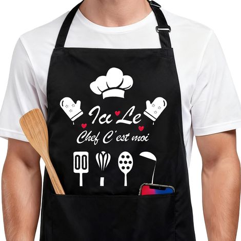 Tablier de Cuisine Homme Noir, Tablier Barbecue Personnalisé Humour Drole avec Poches, Réglable Tablier Cuisine BBQ Femme Homme Cadeau Papa (1/5)