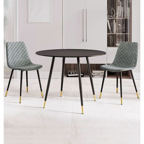 Hallowood Furniture Finley Small Round Dining Table and Chairs Set 2, Black Woodgrain-Effect Top Kitchen Table and Chairs with Grey Velvet Upholstery, Modern Dining Set for Home, Office or Café (1/5)