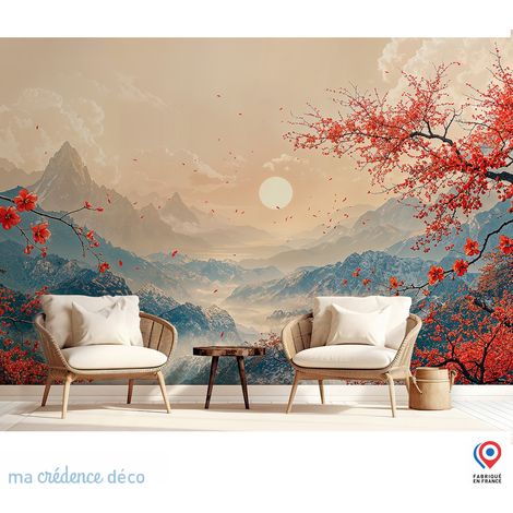 Papier peint : Paysage zen, fleurs, montagnes et soleil - Intissé - L.200 x H.280 cm - Rouge carmin (1/5)
