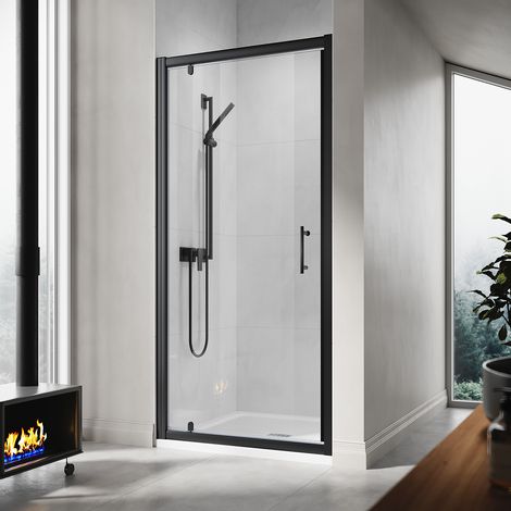 ELEGANT 900mm Black Frame Pivot Hinge Shower Door 6mm Safety Glass Shower Enclosure Cubicle with Rectangular SMC Tray and Waste Trap (1/5)