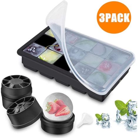 Vassoi per cubetti di ghiaccio in silicone con coperchio, confezione da 3, senza BPA, cubetti di ghiaccio grandi da 5 cm per whisky, cocktail, mojito e tutte le bevande. (1/5)