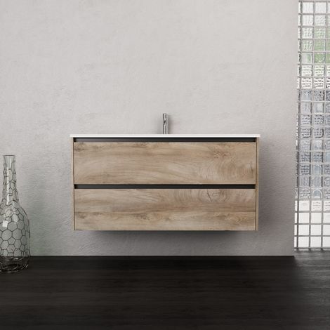 Inda - Badezimmerschrank 2 Schubladen B.120 mit mattiertem Waschbecken / Natureiche - Smeraldo