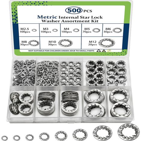 Kit d'assortiment des rondelles de verrouillage interne de l'étoile des dents (500 paquets), M2.5 M3 M4 M5 M6 M8 M10 M12 Metrique 304 en acier inoxydable (1/5)