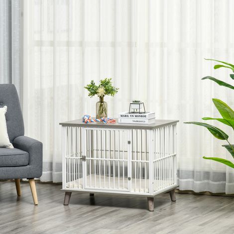 Gabbia per cani in legno, box per cani, trasportino, con cuscino, 86 cm x 60 cm x 70 cm, composito di legno e acciaio, bianco + grigio