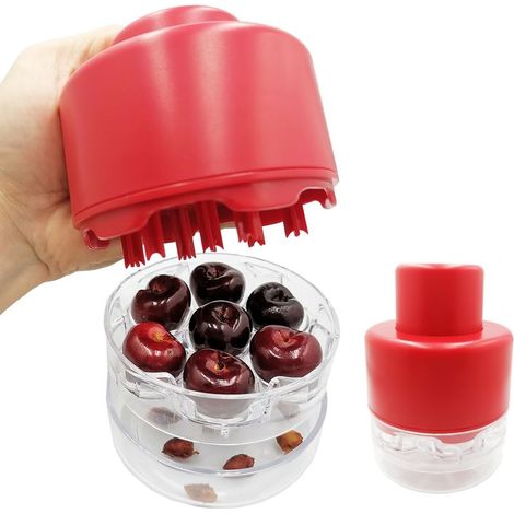 Dénoyauteur à cerises rouge pour plusieurs cerises, outil pour retirer les noyaux de cerises, permet d'enlever 7 noyaux à la fois,ustensile de cuisine (1/4)