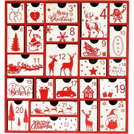 Adventskalender mit 24 Schubladen – Rotes MDF-Holz – Weihnachtsdekoration – 2025 (1/5)