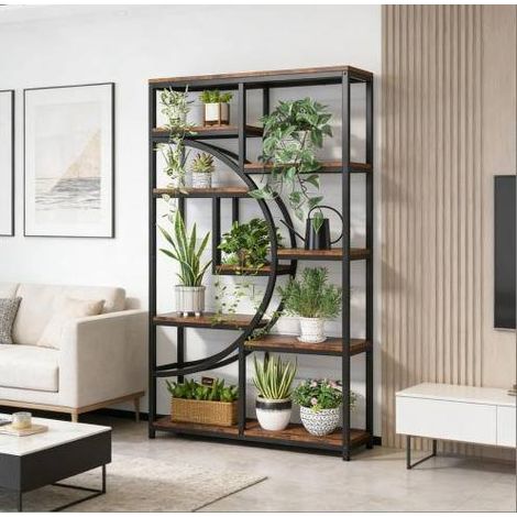 Libreria geometrica a 9 livelli, metallo nero e legno marrone, 95 x 30 x 175 cm (1/5)