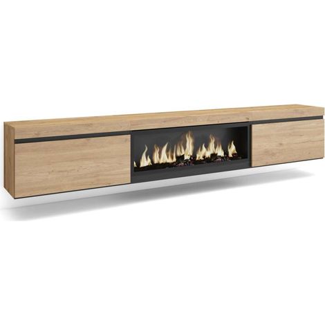 Mueble TV Jubrique-01 de 267x45x35 cm con chimenea eléctrica XXL, suspendido, color roble (1/4)
