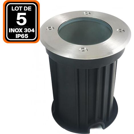 Europalamp – Lot de 5 spots encastrables sol ronds inox 304 – IP65 étanches – Douille GU10 pour béton et bois – 100mm de perçage