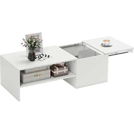 Verstellbarer Couchtisch, Metallschienen, Spanplatte, Fußpads, Weiß