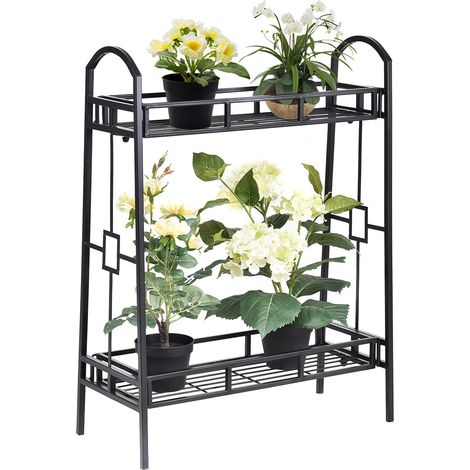 COSTWAY 2 Tier Metal Plant Stand Indoor Flower Pots Display Rack Shelf-Black (1/5)