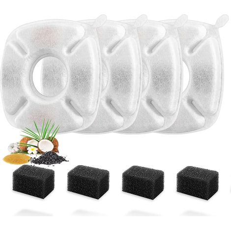 Un juego de 4 filtros de repuesto y 4 esponjas de repuesto para bebederos de gatos, aptos para bebederos automáticos de 2,8 litros. (1/5)